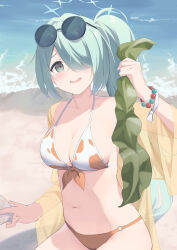 Rule 34 | 1girl, absurdres, beach, bikini, blue archive, blush, breasts, cleavage, day, eyewear on head, green eyes, green hair, green halo, hair over one eye, halo, highres, hiyori (blue archive), hiyori (swimsuit) (blue archive), hotarihotaru, jacket, large breasts, long hair, long sleeves, navel, ocean, official alternate costume, open clothes, open jacket, open mouth, outdoors, see-through, see-through jacket, side ponytail, solo, sunglasses, swimsuit, white bikini, yellow jacket