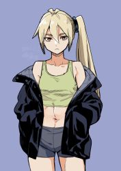 Rule 34 | 1girl, akita neru, bare shoulders, bike shorts, black jacket, blue background, collarbone, commentary, cowboy shot, crop top, dated, green shirt, grey shorts, hands in pockets, jacket, long hair, looking at viewer, maki (nasulily), midriff, navel, open clothes, open jacket, orange eyes, platinum blonde hair, shirt, shorts, side ponytail, signature, solo, standing, vocaloid