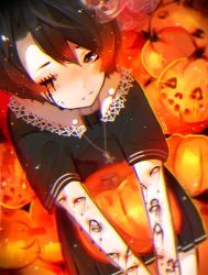 Rule 34 | 1girl, artist name, black shirt, black skirt, blush, brown hair, chariko, chromatic aberration, closed mouth, commentary, english commentary, extra eyes, guro, halloween, highres, jack-o&#039;-lantern, jewelry, long sleeves, looking at viewer, necklace, nose blush, orange theme, original, phone, pleated skirt, pumpkin, shirt, short hair, short sleeves, skirt, solo, stitches