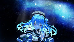 Rule 34 | 1girl, beret, black choker, black shirt, blue eyes, blue hair, blue jacket, breasts, choker, commentary, earrings, floating hair, grey hat, hat, highres, holding, holding microphone, hololive, hoshimachi suisei, hoshimachi suisei (streetwear), jacket, jewelry, light blue hair, long hair, long sleeves, looking at viewer, microphone, microphone stand, neck ribbon, night, night sky, official alternate costume, oniku (o29sukizero), open clothes, open jacket, open mouth, ribbon, ring, shirt, side ponytail, sky, small breasts, smile, solo, star (sky), star (symbol), star in eye, starry sky, symbol in eye, upper body, virtual youtuber, wing collar
