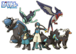 Rule 34 | 1boy, brown hair, creatures (company), game freak, gen 2 pokemon, gen 3 pokemon, gen 4 pokemon, hat, houndoom, lucario, lumineon, luxray, nintendo, painame, pixiv, pixiv trainer, poke ball, pokemon, pokemon (creature), rampardos, shorts, simple background, smile, star (symbol), swellow