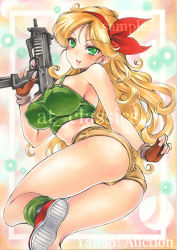 Rule 34 | artist name, ass, at classics, bare legs, blush, bow, breasts, brown gloves, brown shorts, covered erect nipples, dragon ball, fingerless gloves, gloves, green eyes, gun, h&amp;k mp7, hair bow, holding, holding gun, holding weapon, large breasts, long hair, looking at viewer, lunch (bad) (dragon ball), lunch (dragon ball), midriff, open mouth, red bow, sample watermark, shoes, short shorts, shorts, smile, solo, submachine gun, traditional media, twisted torso, watermark, wavy hair, weapon