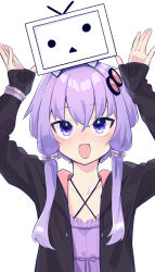 1girl 2024_niconico_cyberattack arms_up black_jacket commentary creature_on_head dress hair_ornament jacket long_hair long_sleeves looking_at_viewer niconico open_clothes open_jacket open_mouth purple_dress purple_eyes purple_hair simple_background sleeves_past_wrists sudou_(s7_d8) terebi-chan upper_body vocaloid voiceroid white_background yuzuki_yukari