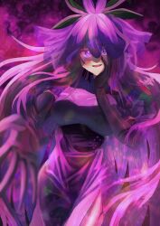 Rule 34 | 1girl, black gloves, black hair, blush, breasts, china dress, chinese clothes, commentary request, dress, elbow gloves, flower, flower on head, gloves, grape print, hand on own face, hayashida chiyo, highres, large breasts, long hair, purple dress, purple eyes, reaching, reaching towards viewer, smile, solo, touhou, wide hips, yomotsu hisami