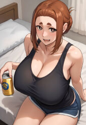 Rule 34 | 1girl, bed, beer can, breasts, brown eyes, brown hair, can, cleavage, drink can, female focus, huge breasts, ishigaki takashi, kaii to otome to kamikakushi, looking at viewer, matching hair/eyes, mole, mole under eye, ogawa sumireko, short eyebrows, short hair, sitting, solo, thick thighs, thighs