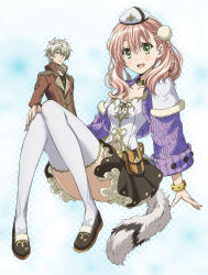 Rule 34 | 10s, 1boy, 1girl, atelier (series), atelier escha &amp; logy, escha malier, full body, green eyes, hat, highres, logix ficsario, looking at viewer, open mouth, pink hair, silver hair, skirt, tail, thighhighs, white thighhighs