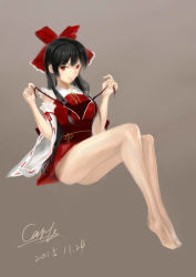 Rule 34 | 1girl, absurdres, adapted costume, arm ribbon, artist name, ass, barefoot, beige background, breasts, carls, dated, derivative work, detached sleeves, dress, full body, grey background, hakurei reimu, highres, holding, holding clothes, holding panties, holding underwear, looking at viewer, mouth hold, no panties, obi, panties, red dress, red eyes, red panties, ribbon, ribbon-trimmed sleeves, ribbon trim, sash, short dress, signature, simple background, solo, thighs, touhou, underwear