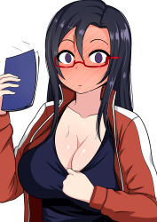 Rule 34 | 0 0, 1girl, absurdres, alternate hairstyle, black hair, blush, breasts, cleavage, demi-chan wa kataritai, embarrassed, full-face blush, highres, huge breasts, in heat, long hair, looking at viewer, motion lines, notebook, purple eyes, red-framed eyewear, satou sakie, sportswear, sweat, the only shoe, upper body, white background
