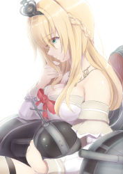 Rule 34 | 10s, 1girl, bare shoulders, blonde hair, braid, breasts, cleavage, commentary request, corset, crown, dress, flower, french braid, from side, garter straps, green eyes, hairband, highres, jewelry, kantai collection, large breasts, long hair, long sleeves, mini crown, mogera81, necklace, off-shoulder dress, off shoulder, red flower, red ribbon, red rose, revision, ribbon, rose, sitting, solo, thighhighs, throne, warspite (kancolle), white dress, white thighhighs
