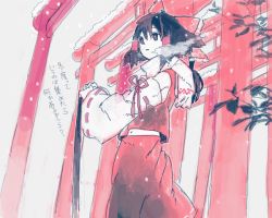 Rule 34 | 1girl, bad drawr id, bad id, bow, brown hair, detached sleeves, female focus, hair tubes, hakurei reimu, japanese clothes, miko, nature, navel, partially colored, perfect cherry blossom, plant, scarf, short hair, skirt, snow, solo, torii, touhou, white background, winter