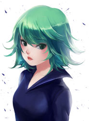 Rule 34 | 1girl, bad id, bad pixiv id, blue dress, dress, eyebrows, flipped hair, green eyes, green hair, looking at viewer, matching hair/eyes, one-punch man, parted lips, short hair, sketch, solo, stella chen yui, tatsumaki, upper body, white background