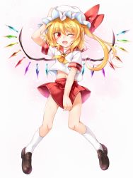 Rule 34 | 1girl, ;d, alternate costume, arm up, ascot, blonde hair, bow, brown footwear, cherry blossoms, commentary request, crystal, fang, flandre scarlet, full body, hat, hat bow, highres, kneehighs, long hair, looking at viewer, marukyuu ameya, midriff, miniskirt, mob cap, nail polish, navel, one eye closed, open mouth, petals, pink background, red bow, red eyes, red nails, red skirt, sailor collar, school uniform, serafuku, shoes, short sleeves, side ponytail, skirt, skirt tug, smile, socks, solo, standing, touhou, white hat, white socks, wings, yellow ascot