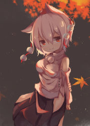 Rule 34 | 1girl, absurdres, arm behind back, bare shoulders, black skirt, blurry, blurry background, breasts, chii (tsumami tsumamare), closed mouth, clothing cutout, commentary request, detached sleeves, falling leaves, grey background, hair between eyes, hat, head tilt, highres, holding own arm, inubashiri momiji, jitome, leaf, light particles, looking at viewer, maple leaf, medium breasts, pom pom (clothes), red eyes, red hat, shirt, short hair, side slit, simple background, skirt, sleeveless, smile, solo, standing, tokin hat, touhou, turtleneck, white hair, white shirt