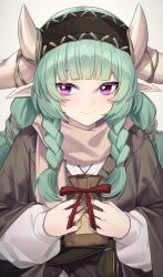 Rule 34 | 1girl, absurdres, aqua hair, blush, braid, brown shirt, closed mouth, commentary, english commentary, gift, grey background, highres, holding, holding gift, horns, long hair, long sleeves, looking at viewer, original, pointy ears, purple eyes, shirt, simple background, smile, solo, straight-on, twin braids, upper body, valentine, wakamepiza