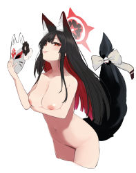 Rule 34 | 1girl, animal ear fluff, animal ears, ariyoshi gen, arm under breasts, black hair, blue archive, bow, breast hold, breasts, cleavage, colored inner hair, completely nude, cropped legs, female pubic hair, fox ears, fox girl, fox mask, fox tail, groin, halo, holding, holding mask, large breasts, licking lips, lips, long hair, looking at viewer, mask, multicolored hair, navel, nipples, nude, pubic hair, red eyes, simple background, solo, tail, tail bow, tail ornament, tongue, tongue out, wakamo (blue archive), white background
