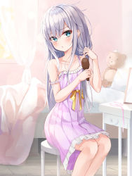 Rule 34 | 1girl, aqua eyes, bare shoulders, bed, bedroom, blush, brushing hair, collarbone, comb, curtains, feet out of frame, frilled nightgown, frills, highres, holding, holding comb, holding hair, indoors, lkeris, long hair, looking at viewer, mirror, nightgown, off shoulder, original, parted lips, pillow, purple nightgown, ribbon, silver hair, sitting, sleeveless, solo, stool, stuffed animal, stuffed toy, teddy bear, yellow ribbon