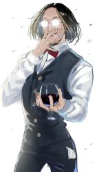 Rule 34 | 1boy, adjusting eyewear, akira miyagawa, alcohol, bow, bowtie, collared shirt, commentary request, conductor, cowboy shot, cup, cupping glass, drinking glass, formal, glasses, greatmosu, highres, holding, holding cup, long sleeves, looking at viewer, male focus, opaque glasses, portrait, real life, red bow, red bowtie, shirt, simple background, smile, solo, teeth, waistcoat, white background, white shirt, wine, wine glass