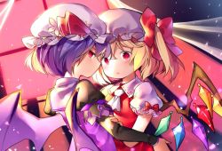 Rule 34 | 2girls, ascot, bat wings, blonde hair, blue hair, bow, curtains, flandre scarlet, gamathx, hat, hat bow, indoors, looking at viewer, mob cap, multiple girls, puffy short sleeves, puffy sleeves, red bow, red eyes, remilia scarlet, short hair, short sleeves, siblings, sisters, touhou, upper body, vest, white ascot, white hat, wind, window, wings