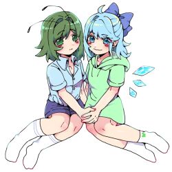 2girls ahoge alternate_costume antennae blue_bow blue_eyes blue_hair blue_shirt blue_shorts blush bobotatamu bow cirno closed_mouth flat_chest full_body green_eyes green_hair green_hoodie hair_bow hair_intakes highres holding_hands hood hood_down hoodie ice ice_wings looking_at_viewer medium_bangs multiple_girls no_shoes shirt short_hair shorts simple_background sitting smile socks touhou white_background white_socks wings wriggle_nightbug yokozuwari