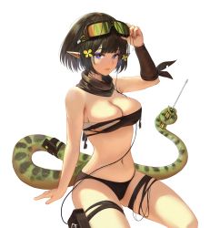 Rule 34 | 1girl, arknights, arm strap, bandeau, black hair, black scarf, blue eyes, earphones, eunectes (arknights), goggles, goggles on head, highres, holding, holding screwdriver, holding with tail, looking at viewer, nanairo (kim0116v), navel, pointy ears, pouch, prehensile tail, scarf, screwdriver, short hair, simple background, sitting, snake tail, solo, strapless, tail, thigh pouch, thigh strap, tube top, white background