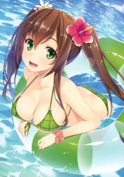 Rule 34 | 1girl, :d, absurdres, bikini, breasts, brown hair, cleavage, day, flower, front-tie bikini top, front-tie top, green bikini, green eyes, hair between eyes, hair flower, hair ornament, hibiscus, highres, innertube, large breasts, looking at viewer, melonbooks, o-ring, o-ring bottom, o-ring top, ocean, open mouth, outdoors, plaid, plaid bikini, scrunchie, shiny skin, smile, solo, swim ring, swimsuit, twintails, wrist scrunchie, yuuki hagure