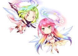 Rule 34 | &gt; &lt;, 2girls, :&lt;, :3, > <, ahoge, angel wings, asymmetrical legwear, azriel (no game no life), blush, breasts, chibi, closed mouth, spiked halo, crop top, facial tattoo, feathered wings, flying, gloves, gradient hair, green hair, halo, ikasoke (likerm6au), jibril (no game no life), long hair, low wings, magic circle, medium breasts, midriff, mismatched legwear, multicolored hair, multiple girls, navel, no game no life, pink hair, scarf, shoes, short hair, single shoe, smile, stomach, tattoo, thighhighs, very long hair, white wings, wing ears, wings, x3, yellow eyes