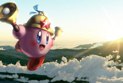 Rule 34 | 1boy, bell, blue eyes, blush stickers, cloud, colored skin, copy ability, haru 86, hat, holding, holding bell, kirby, kirby: triple deluxe, kirby (series), male focus, nintendo, no humans, open mouth, pink skin, scenery, smile, solo, sunrise