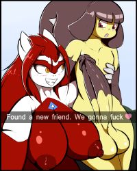 Rule 34 | 1boy, 1girl, absurdres, animal ears, black border, black hair, blue background, blush, border, breasts, collarbone, creatures (company), english text, erection, eye contact, furry, game freak, gen 3 pokemon, half-closed eyes, heart, highres, huge breasts, large penis, latias, legendary pokemon, long hair, looking at another, looking down, looking to the side, mawile, nintendo, nipples, nude, open mouth, penis, personification, pokemon, pokemon (creature), pokemon rse, precum, puffy nipples, quin (quintinenza), red eyes, red hair, sharp teeth, shiny skin, simple background, smile, snapchat, standing, teeth, testicles, text focus, uncensored, yellow eyes