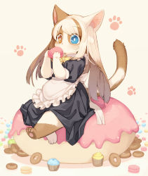 Rule 34 | 1girl, animal ears, animal hands, apron, back bow, barefoot, beige background, black dress, blue eyes, blush, bow, bowtie, brown hair, cat ears, cat tail, child, cupcake, doughnut, dress, eating, female focus, flat chest, food, full body, furry, furry female, hands up, heterochromia, highres, holding, kishibe, long hair, macaron, maid, multicolored hair, orange eyes, original, oversized object, paw print, pawpads, puffy short sleeves, puffy sleeves, short sleeves, simple background, sitting, solo, streaked hair, tail, two-tone hair, white bow, white hair, yellow bow, yellow bowtie