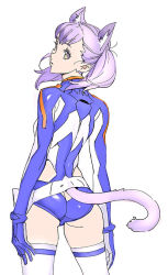 Rule 34 | 1girl, animal ears, arms at sides, asobi ni iku yo!, ass, ass cutout, belt, belt pouch, belt skirt, bodysuit, bracer, breasts, butt crack, cat ears, cat tail, chaika, clothing cutout, cowboy shot, extra ears, from behind, gloves, holster, legs apart, leotard, looking at viewer, looking back, multicolored eyes, nishieda, parted lips, pouch, purple eyes, purple hair, short hair, short twintails, side cutout, simple background, skindentation, small breasts, solo, standing, tail, tail through clothes, thighhighs, turtleneck, twintails, white background, white thighhighs, yellow eyes