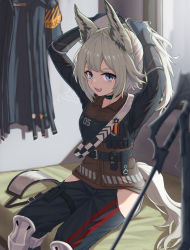 Rule 34 | 1girl, :d, animal ears, arknights, armband, backlighting, bed sheet, black coat, black gloves, black pants, blue eyes, brown shirt, coat, collar, collared shirt, commentary request, emblem, gloves, grani (arknights), grey hair, highres, hip vent, holding, holding own hair, horse ears, horse girl, horse tail, indoors, infection monitor (arknights), long hair, long sleeves, looking at viewer, on bed, open mouth, pants, ponytail, shironekoban, shirt, signature, sitting, smile, solo, tail, tying hair, unworn coat, visor (armor), weapon, window