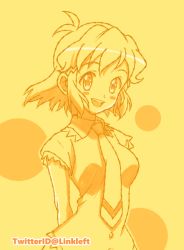 Rule 34 | 1girl, bad id, bad twitter id, breasts, collared shirt, commentary request, hair ornament, hairclip, link (aa30), looking at viewer, monochrome, open mouth, senki zesshou symphogear, shirt, short hair, smile, solo, tachibana hibiki (symphogear), yellow theme