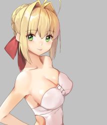 Rule 34 | 10s, 1girl, ahoge, bad id, bad pixiv id, blonde hair, blush, braid, breasts, cleavage, closed mouth, collarbone, fate/extra, fate (series), french braid, from side, grey background, hair intakes, hair ribbon, hand on own hip, large breasts, leotard, looking at viewer, nero claudius (fate), nero claudius (fate) (all), nero claudius (fate/extra), red ribbon, ribbon, shovelwell, sidelocks, simple background, smile, solo, upper body, white leotard
