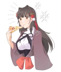 Rule 34 | 1girl, :t, arm at side, assault lily, black hair, black skirt, blunt bangs, breasts, closed mouth, commentary, cropped jacket, cropped torso, eating, flower, food, hair flower, hair intakes, hair ornament, hand up, haori, high-waist skirt, highres, holding, holding food, japanese clothes, kurokawa nadi hanna, large breasts, light blush, long hair, long sleeves, looking ahead, natsumiya kuina, neck ribbon, orange eyes, pink flower, pizza, pizza slice, ribbon, school uniform, shirt, simple background, skirt, smile, solo, sparkle, symbol-only commentary, tassel, tassel hair ornament, upper body, white background, white shirt, wide sleeves, yurigaoka girls academy school uniform