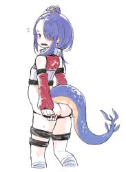 Rule 34 | 1girl, ass, babalilo, black panties, blue hair, butt crack, detached sleeves, embarrassed, female focus, from behind, hair over one eye, lizard tail, looking back, monster girl, open mouth, panties, panty pull, sharp teeth, simple background, solo, tail, teeth, underwear, white background, yin yang