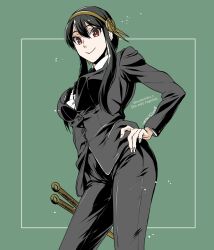 Rule 34 | 1girl, black hair, black jacket, black pants, black ribbon, black suit, breasts, buttoned cuffs, buttons, closed mouth, collared shirt, commentary request, cowboy shot, dagger, dated, earrings, formal, gold earrings, gold hairband, green background, hair between eyes, hairband, hand on own hip, highres, jacket, jewelry, knife, large breasts, long hair, long sleeves, looking at viewer, neck ribbon, pants, red eyes, ribbon, shirt, sidelocks, simple background, smile, solo, spy x family, stiletto (weapon), suit, takehide, twitter username, weapon, white shirt, yor briar