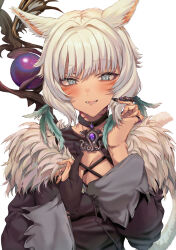 1girl :d black_dress black_gloves blush breasts claw_ring cleavage cleavage_cutout clothing_cutout commentary_request dress facial_mark fang final_fantasy final_fantasy_xiv fur_trim gloves grey_eyes grey_hair hands_up highres kayanogura long_sleeves looking_at_viewer medium_breasts miqo&#039;te open_mouth orb partially_fingerless_gloves simple_background single_glove smile solo staff upper_body white_background wide_sleeves y&#039;shtola_rhul