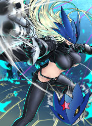 Rule 34 | 1girl, absurdres, ass, beelstarmon, black jacket, black pants, blonde hair, breasts, bullet, butt crack, cape, combination weapon, curled fingers, digimon, digimon (creature), dynamic pose, fly bullet, green hair, gun, handgun, highres, holding, holding gun, holding weapon, jacket, jiyuuya, knife, large breasts, legs up, lipstick, long hair, makeup, mask, midriff, multicolored hair, multiple-barrel firearm, open mouth, pants, parted lips, pistol, red eyes, revealing clothes, revolver, rizoma de loto, skull, solo, standing, star (symbol), streaked hair, teeth, thighs, third eye, torn cape, torn clothes, torn coat, triple-barreled revolver, two-tone hair, underboob, volley gun, weapon, yellow eyes, zipper
