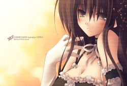 Rule 34 | 1girl, arm garter, artist name, bare shoulders, blush, bow, breasts, brown eyes, brown hair, character name, choker, circle name, cleavage, copyright name, cosplay, detached collar, elbow gloves, frills, from side, genshiken, gloves, grin, hair between eyes, hand up, kore ga watashi no goshujin-sama, kousaka tamaki, kousaka tamaki (cosplay), large breasts, long hair, looking at viewer, maid, maid headdress, mole, mole under eye, mole under mouth, nakabayashi yoshitaka&#039;s maid uniform, oono kanako, orange background, parted lips, ribbon, scanlines, signature, smile, solo, suggestive fluid, to heart (series), to heart 2, upper body, white gloves, zinno