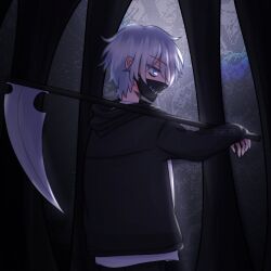 Rule 34 | 1boy, black hoodie, blue eyes, face mask, forest, goth fashion, highres, hood, hoodie, looking at viewer, mask, nature, r4el07, scythe, shirt, white hair, white shirt