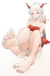 Rule 34 | 1girl, absurdres, arknights, ass, bare legs, barefoot, breasts, cl (summer sama), collarbone, elf, feet, foot focus, foreshortening, gloves, highres, horns, legs, long hair, looking at viewer, nian (arknights), pointy ears, ponytail, purple eyes, red gloves, shorts, sitting, sitting on lap, sitting on person, small breasts, smile, soles, solo, thighs, toes, white background, white hair, white shorts