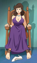 Rule 34 | absurdres, barefoot, bdsm, bondage, bound, bound ankles, bound wrists, breasts, brown eyes, brown hair, cleavage, dress, earrings, highres, jewelry, large breasts, lost one zero, lupin iii, mine fujiko, purple dress, tied to chair