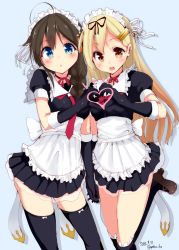 Rule 34 | 10s, 2girls, adapted costume, ahoge, black hair, blonde hair, braid, dated, gloves, hair ornament, hairclip, holding hands, heart, heart hands, heart hands duo, kantai collection, long hair, maid, maid headdress, mokufuu, multiple girls, over-kneehighs, red eyes, remodel (kantai collection), shigure (kancolle), signature, smile, thighhighs, twitter username, yuudachi (kancolle)