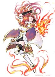 Rule 34 | 1girl, arm guards, armor, arms up, artist name, black dress, cape, celica (fire emblem), dress, fire, fire emblem, fire emblem echoes: shadows of valentia, gold trim, highres, holding, holding weapon, leg armor, nintendo, paiiart, red eyes, red hair, skirt, sword, thighhighs, weapon, white background, white dress, zettai ryouiki