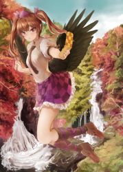 Rule 34 | 1girl, black necktie, black socks, black wings, brown footwear, brown hair, cellphone, checkered clothes, checkered skirt, commentary request, day, feathered wings, flying, forest, full body, hair ribbon, hat, highres, himekaidou hatate, holding, kneehighs, long hair, miniskirt, nature, necktie, netamaru, outdoors, phone, pointy ears, puffy short sleeves, puffy sleeves, purple eyes, purple ribbon, purple skirt, ribbon, shirt, shoes, short sleeves, skirt, socks, solo, tokin hat, touhou, twintails, water, waterfall, white shirt, wings