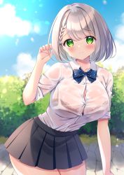 Rule 34 | 1girl, blush, bow, bowtie, bra visible through clothes, braid, braided bangs, breasts, button gap, cleavage, closed mouth, collarbone, cowboy shot, green eyes, grey hair, highres, hololive, large breasts, leaning forward, looking at viewer, medium hair, miniskirt, miwa uni, outdoors, pleated skirt, school uniform, see-through, shirogane noel, shirogane noel (school uniform), shirt tucked in, skirt, smile, striped bow, striped bowtie, striped clothes, virtual youtuber, wet, wet clothes