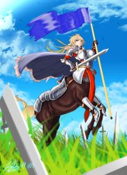 Rule 34 | 1girl, ahoge, armor, barding, belt, blonde hair, blue flag, blunt bangs, boobplate, breastplate, breasts, broken, broken sword, broken weapon, capelet, centaur, centaur knight, chainmail, cleavage cutout, clothing cutout, cloud, commentary, dated, day, field, flag, from below, full armor, gauntlets, grass, holding, holding flag, holding sword, holding weapon, hooves, horse tail, knight, large breasts, long hair, looking at viewer, mixed-language commentary, monster girl, multiple legs, narrow waist, original, outdoors, plate armor, red eyes, sheath, shin guards, signature, sky, solo, sword, tail, taur, thick eyebrows, weapon, zippedsquire