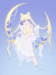 Rule 34 | 1girl, back bow, barefoot, bishoujo senshi sailor moon, blonde hair, blue eyes, blue flower, bow, breasts, cleavage, commission, crescent, crescent earrings, crescent facial mark, dress, earrings, facial mark, flower, forehead mark, highres, jewelry, long dress, long hair, parted bangs, pink nails, princess serenity, see-through, see-through dress, sidney deng, sitting, small breasts, solo, tsukino usagi, very long hair, white dress