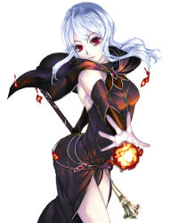 Rule 34 | 1girl, black capelet, black dress, black sleeves, breasts, capelet, detached sleeves, dress, floating hair, holding, holding staff, long dress, long hair, long sleeves, looking at viewer, magic, medium breasts, original, os (ososos), outstretched arm, parted lips, red eyes, silver hair, simple background, sleeveless, sleeveless dress, solo, staff, standing, white background