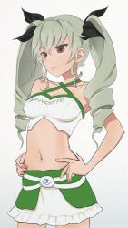Rule 34 | 1girl, akagi (fmttps), alternate costume, anchovy (girls und panzer), black ribbon, breasts, cleavage, cowboy shot, drill hair, frown, girls und panzer, green hair, hair between eyes, hair ribbon, navel, red eyes, ribbon, small breasts, solo, twin drills, white background